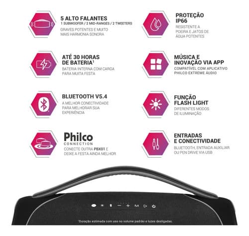 Caixa De Som Boombox Philco Extreme Bluetooth V.5.4 300w Pbx01 (novo Com Caixa Aberta) Preto 127/220v - 5