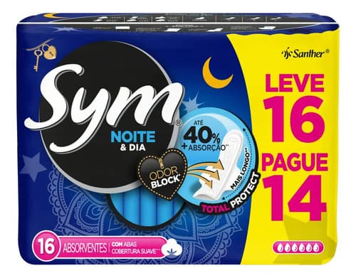 Absorvente Noite & Dia Cobertura Suave Com Abas 16 Unidades Sym - 1