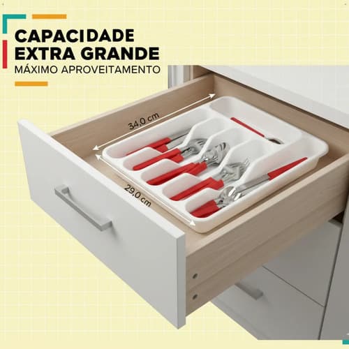 Porta Talheres Com Tampa Transparente Espaçoso Nitron Extra Grande Cor Branco Organizador Gaveta Plástico Resistente Com 6 Divisões Ideal Talheres Utensílios Cozinha Moderna - 5