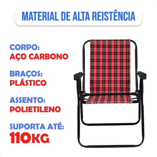 Cadeira De Praia Aço Xadrez Jardim Piscina Camping Portátil Mor Cor Vermelho Carmin - 3