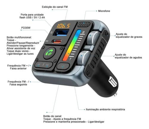 Transmissor Fm Music Turner Mt04 Cinza E Preto Hifi Tipo C + - 4