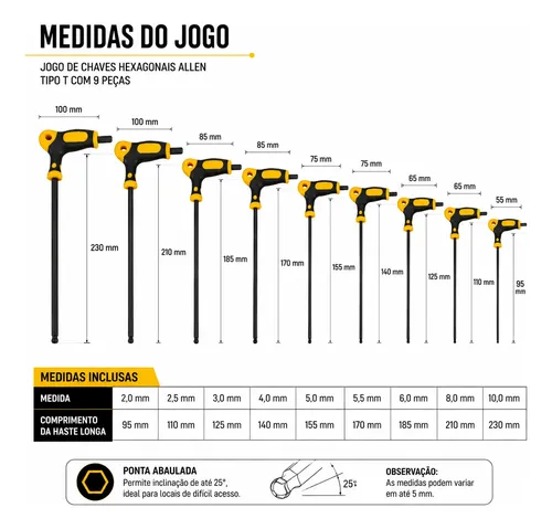 Kit Chaves Allen T Abauladas Profissional 9 Peças Vonder - 6