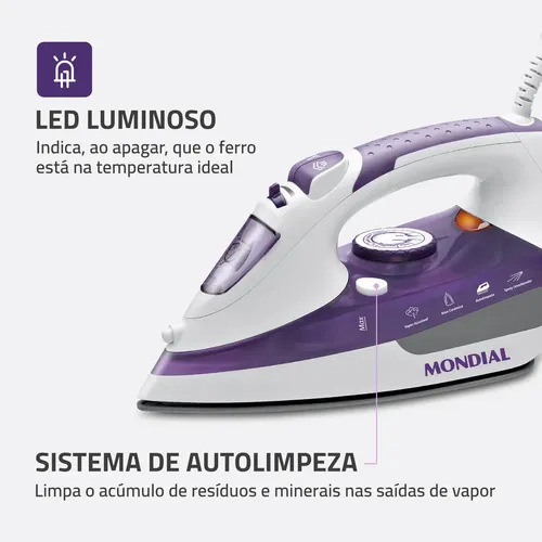 Ferro A Vapor Ceramic Express, Mondial, 200w - F-40 Branco E Roxo 127v - 7