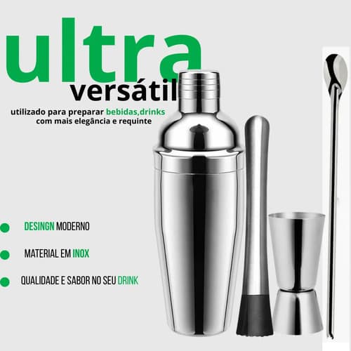 Kit Coquiteleira + Dosador + Socador P/ Drinks E Bebidas - 3