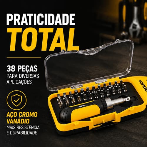 Jogo De Bits 38 Peças Cromo Vanádio Com Catraca 1/4  Vonder - 4