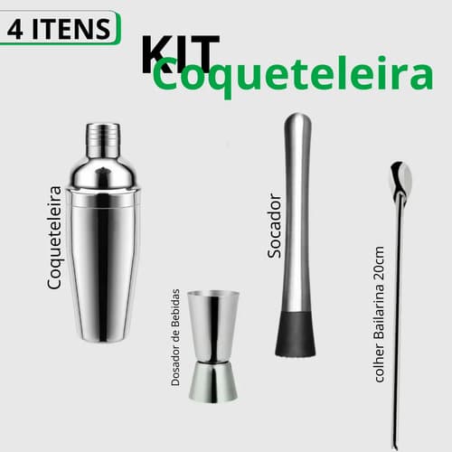 Kit Coquiteleira + Dosador + Socador P/ Drinks E Bebidas - 4