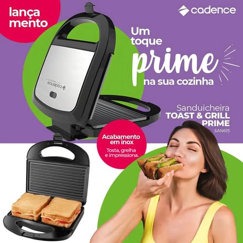 Sanduicheira Elétrica Portátil Chapas Antiaderentes Toast & Grill San615 750w Cadence Saudável Prático Sem Óleo Cor Preto 220v - 2