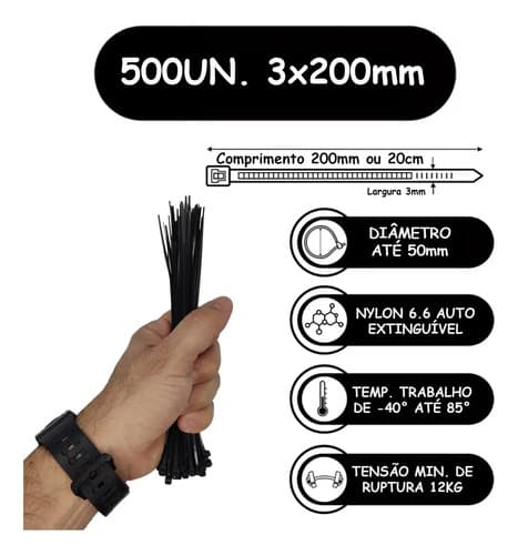 500un Presilha Enforca Gato Nylon Abraçadeira Fita 3x200mm Preto - 4