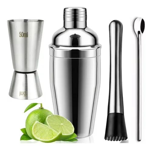 Kit Coqueteleira Inox Socador Batida Caipirinha + Brinde Pra Prateado - 1