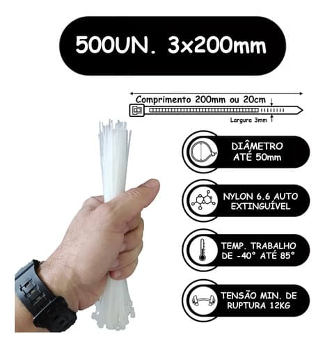 500un Presilha Enforca Gato Nylon Abraçadeira Fita 3x200mm Preto - 10