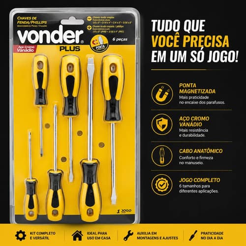 Jogo Chaves Fenda Phillips 6 Peças Aço Cromo Vanádio Vonder - 6