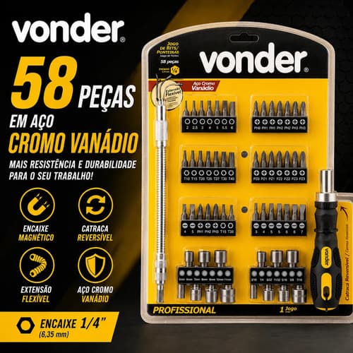 Chave Catraca 1/4'' 58 Peças Bits Cromo Vanádio Vonder Preto E Amarelo - 2