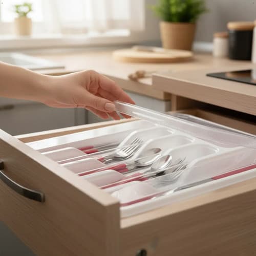Porta Talheres Com Tampa Transparente Espaçoso Nitron Extra Grande Cor Branco Organizador Gaveta Plástico Resistente Com 6 Divisões Ideal Talheres Utensílios Cozinha Moderna - 8