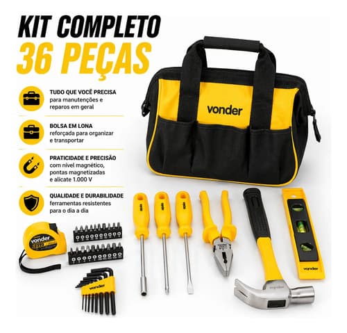 Kit Jogo De Ferramentas 36 Peças Com Bolsa Em Lona Reforçada Amarelo E Preto - 2
