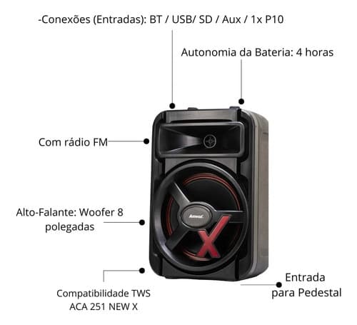 Caixa De Som Amvox Aca 251 Newx Led Bluetooth 250ws Cor Preto 127/220v - 7