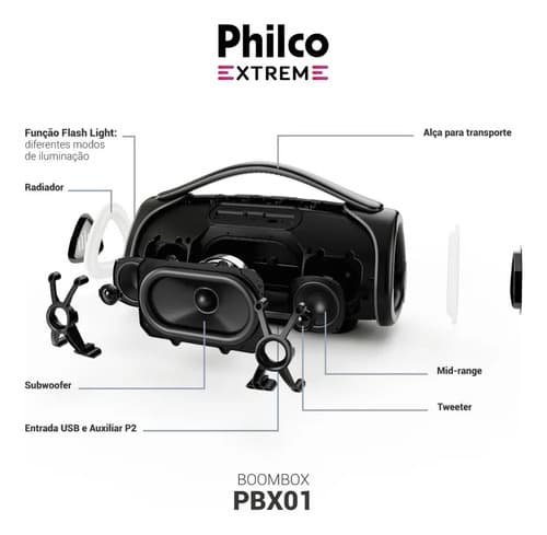 Caixa De Som Boombox Philco Extreme Bluetooth V.5.4 300w Pbx01 (novo Com Caixa Aberta) Preto 127/220v - 6