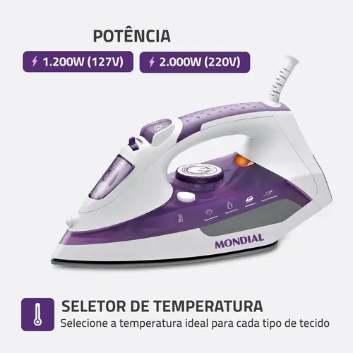 Ferro A Vapor Ceramic Express, Mondial, 200w - F-40 Branco E Roxo 127v - 3