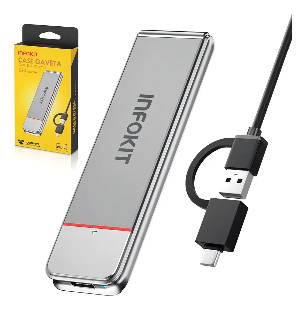 Gabinete Exbom ECASE-M2NV80 para SSD M.2 NVMe PCIe USB-C 3.1 10Gbps Compatível 2230 2242 2260 2280 até 4TB Prata - 1