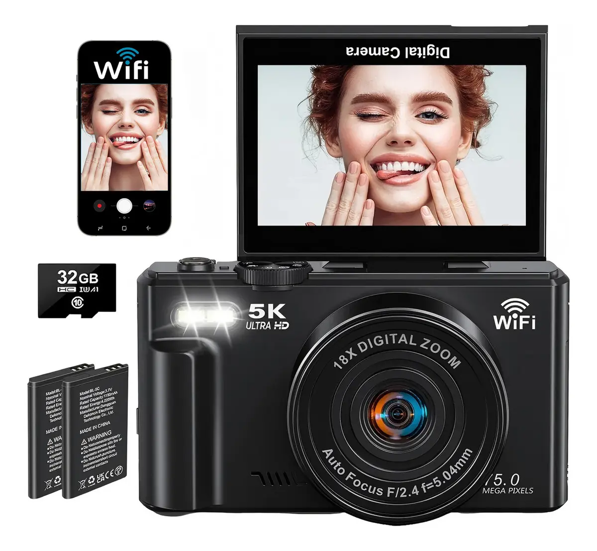 Câmera Digital Câmera Compacta Acrensly Dc080 75 Mpx Wi-fi, Com Tela Flip Para Vlog E 2 Baterias Cartão 32gb Preto - 1