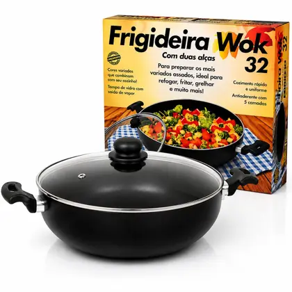 Frigideira Wok Vieggio Antiaderente 32cm Preta C/ Alça - 1