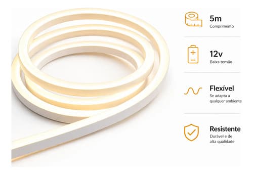 Fita Led Neon Alto Brilho Branco Quente 3m Fonte Decoração Branco-quente 127v 12v - 3
