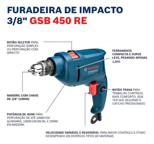 Furadeira Martelete Parafusadeira Elétrica De 10mm Bosch Gsb 450 450w + 0 Baterías De 0mah + Accesorio Com Caixa De Papelão Azul 127v - 7