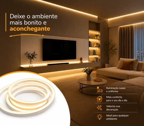 Fita Led Neon Alto Brilho Branco Quente 3m Fonte Decoração Branco-quente 127v 12v - 2