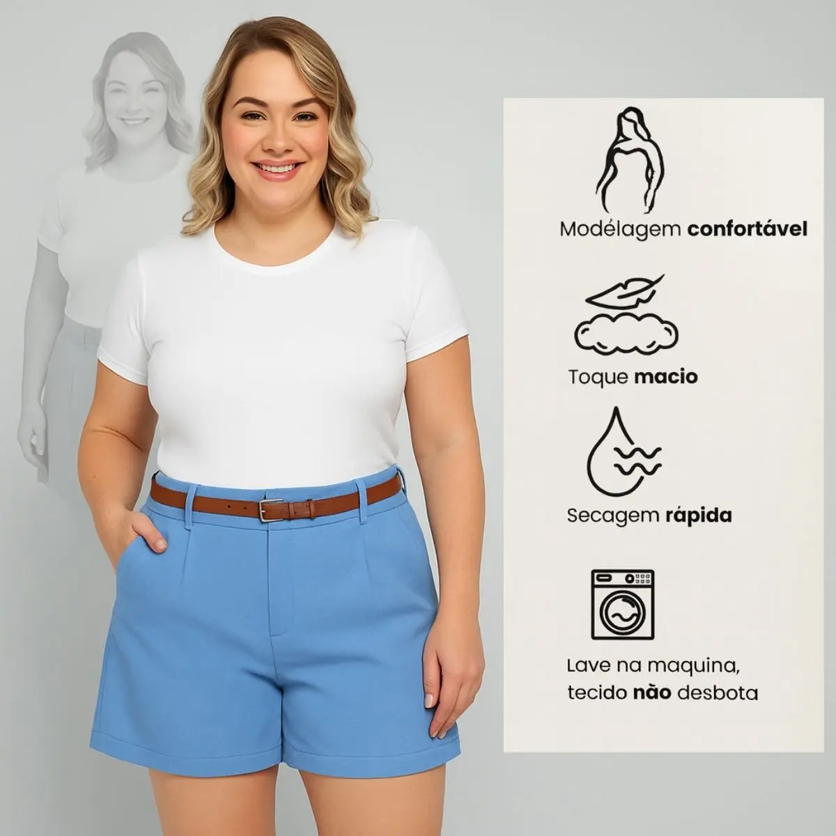Short Feminino Plus Size Cintura Alta Com Cinto Casual - 1