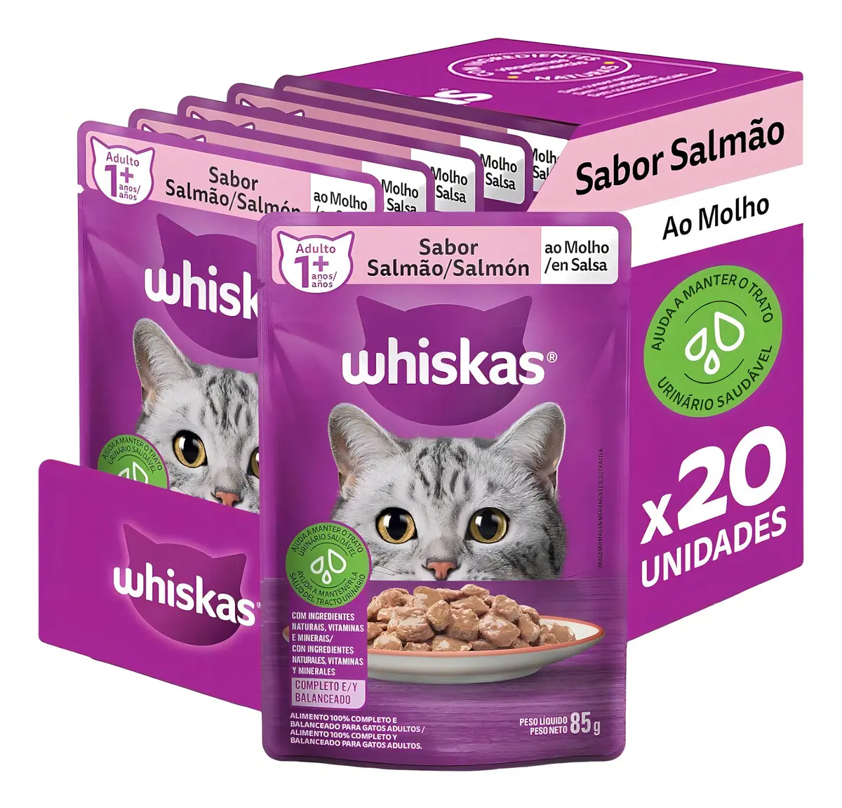Ração Úmida Whiskas Sachê Gatos Adultos Salmão 85g C/ 20 Un - 1
