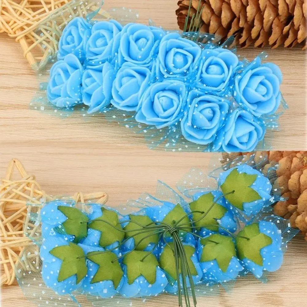 144 Mini Rosas Flores Rosinha Artificial Eva Azul Bebe Claro - 1