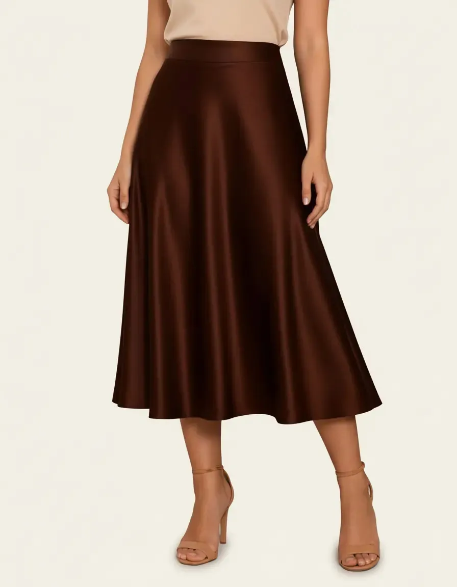 Saia Cetim Feminina Midi Brilho MARROM Moda Elegante TAM (G) - 1