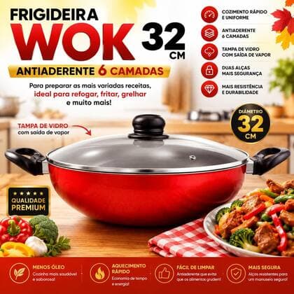 Frigideira Wok Vieggio Antiaderente 32cm Vermelha C/alça - 1