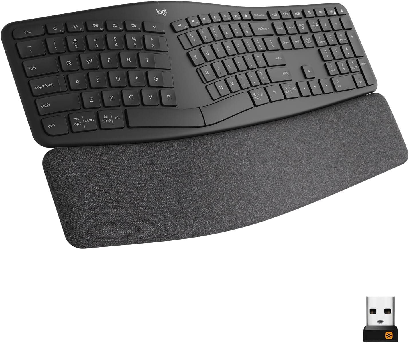 Teclado sem fio Logitech ERGO K860 com Layout de Teclado Dividido, Suporte para Descanso de Pulso, Tecido Resistente a M - 1