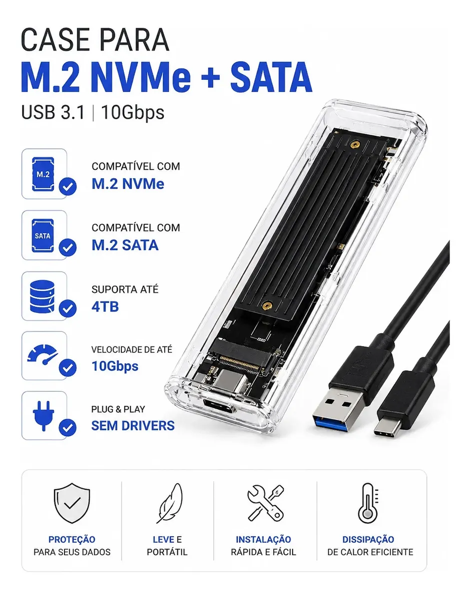 Case Ssd M2 Nvme/Ngff Tipo C Usb 3.1 FY-879 De R$ 78,90 Por - 2