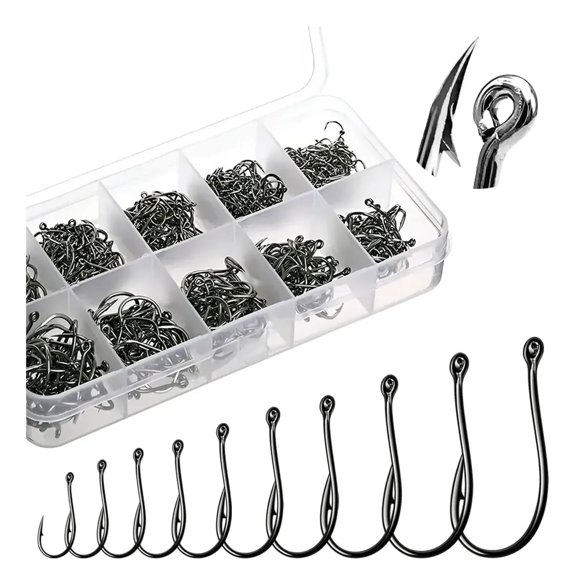 Kit Com 600 Anzóis Pesca Aço Carbono Do #3 Ao #12 Com Caixa - 1