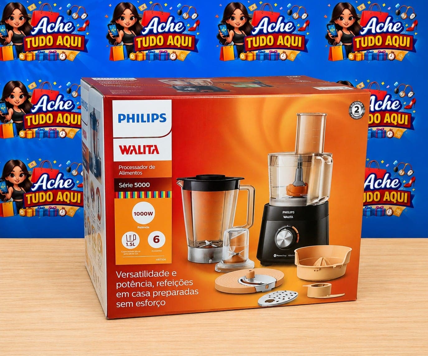 Philips Walita Multiprocessador PowerChop 1000, Preto, Copo com capacidade de 1,5 litros, Duas velocidades + pulsar, 6 a - 1