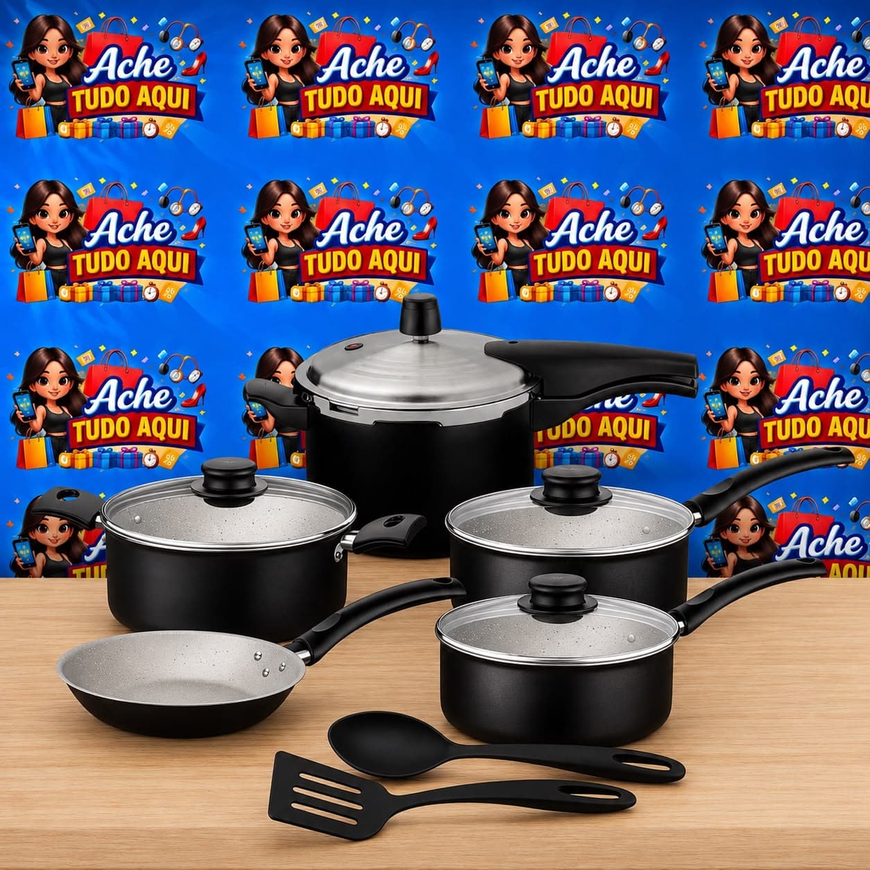 Jogo de Panleas Turim 7 pçs Antiaderente Max Preto com panela de Pressão 4,5 L - 1