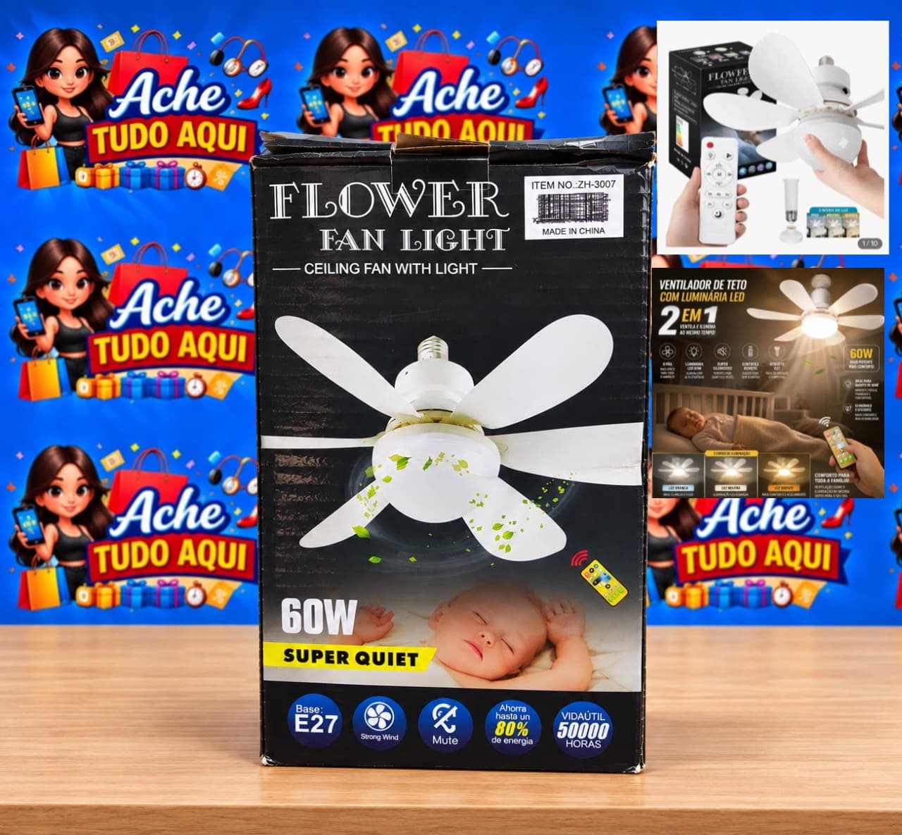 Ventilador de teto 2 em 1 com luminária LED embutida e base padrão Flower Fan Light de 60W - Tam.16,5" - 1