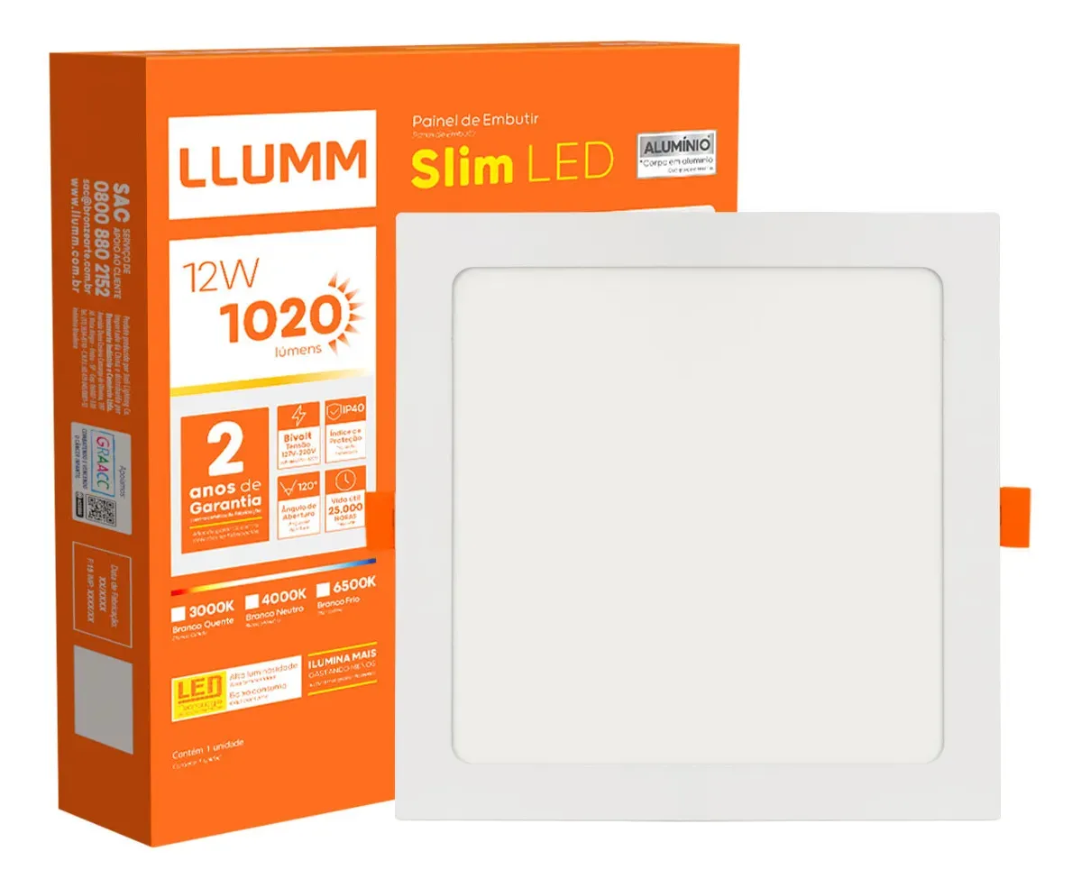Plafon Slim LED 12W Embutir Quadrado 17X17cm Aluminio Branco-frio 6500K LLUMM - 1