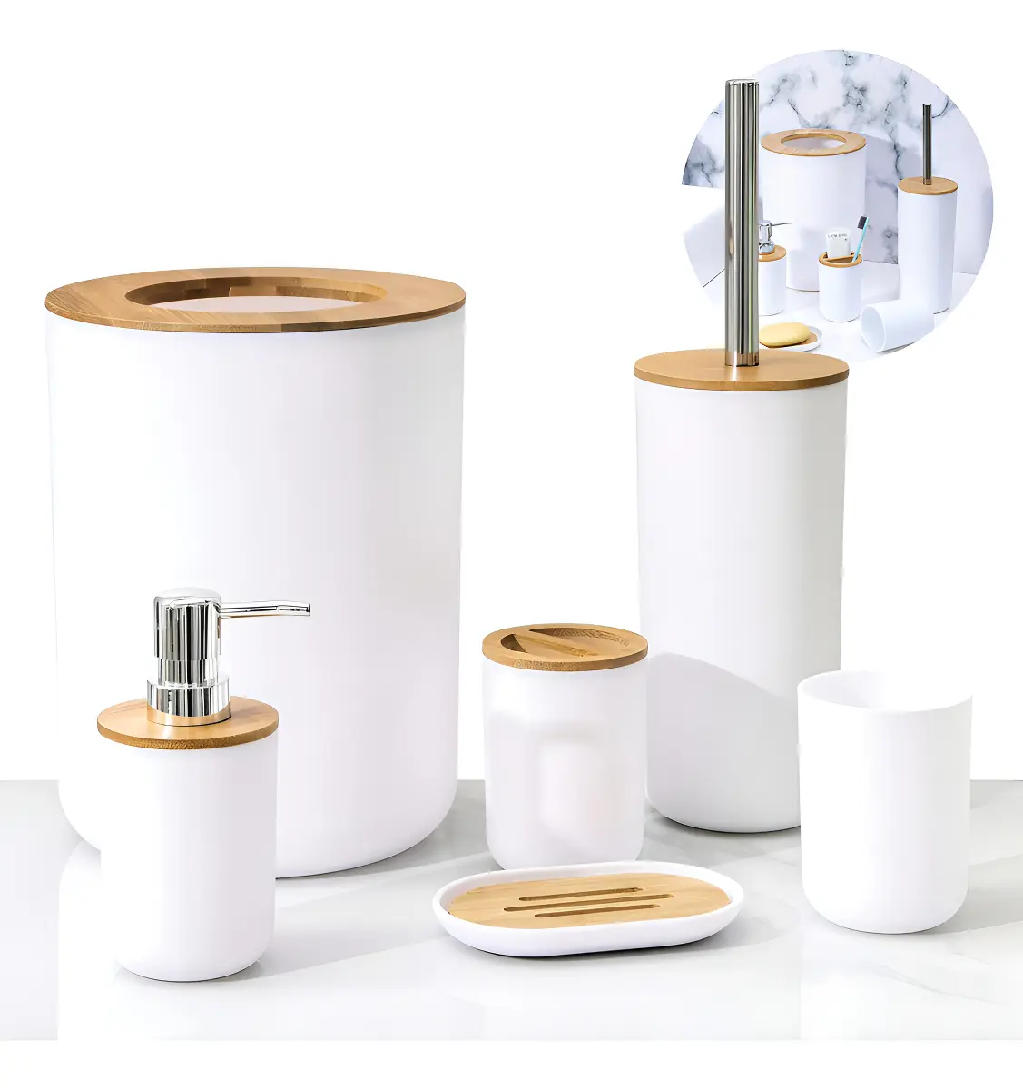 Kit De Banheiro 6 Peças Lixeira Com Tampa Moderno Bambu - 1