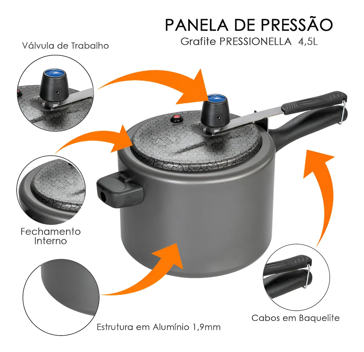 Panela De Pressão Leve Antiaderente Ramos 4,5l Selo Cor Grafite - 4