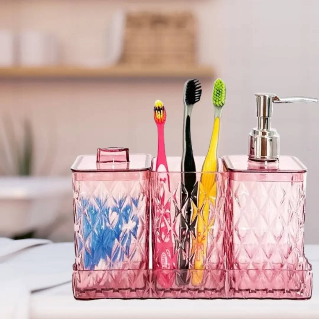Kit Lavabo Luxo Saboneteira Porta Escova Algodão Bandeja RosA - 3