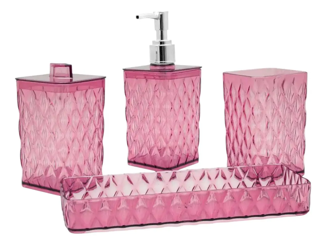 Kit Lavabo Luxo Saboneteira Porta Escova Algodão Bandeja RosA - 4