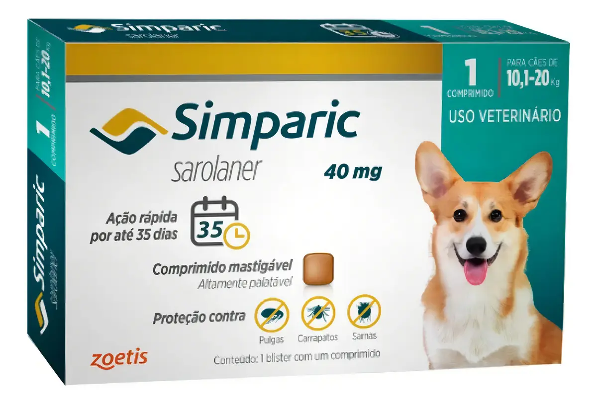 Simparic Zoetis 40 Mg 10,1 A 20 Kg 3 Unidade Antipulgas Cães Azul-turquesa - 1