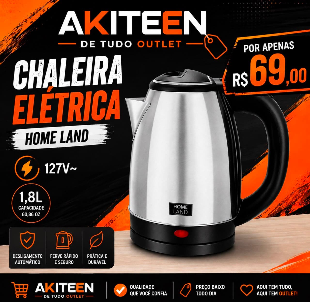 Chaleira Eletrica Aço Inox 1.8l Prateado 127V Desligamento Automático Ferve Rapido - 1