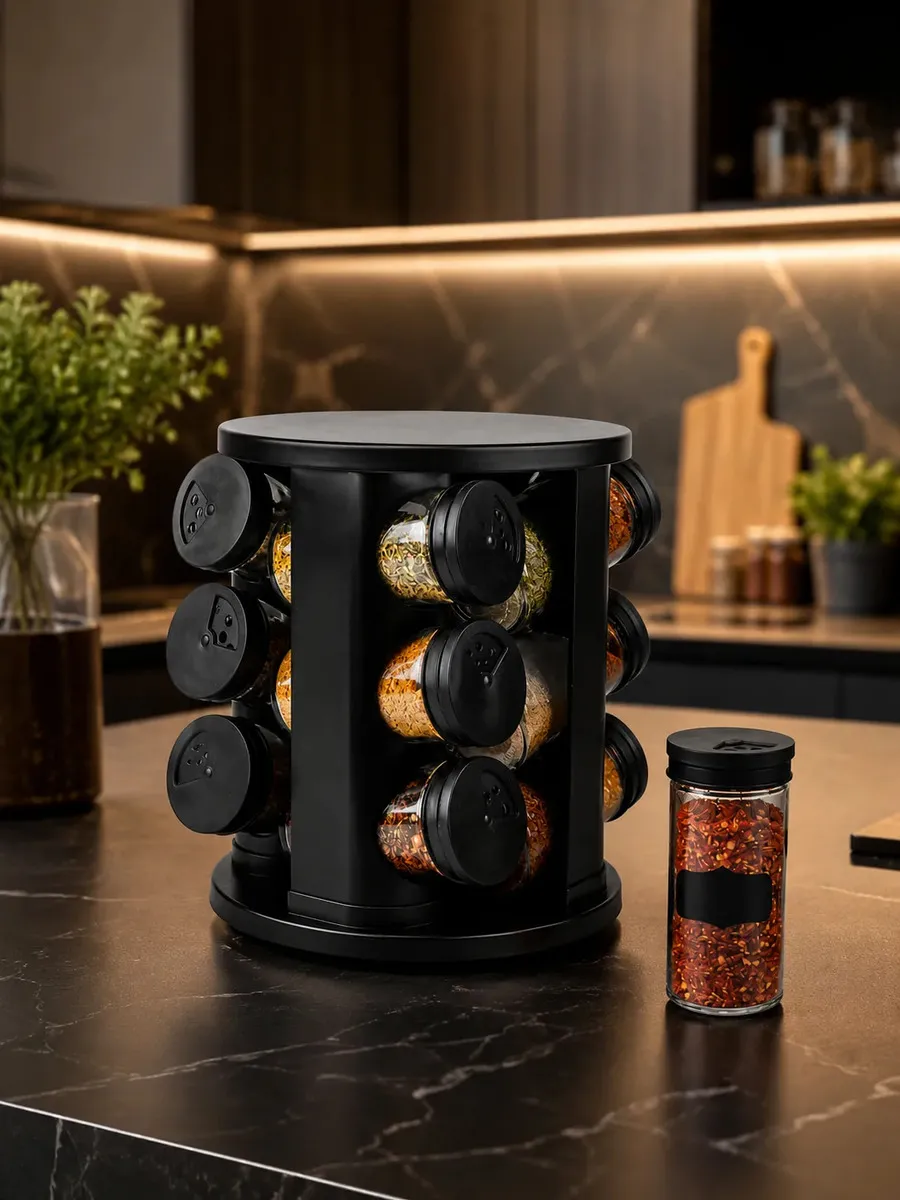 Porta Temperos E Condimentos Giratório 12 Potes Vidro Preto 85ML Cada - 1