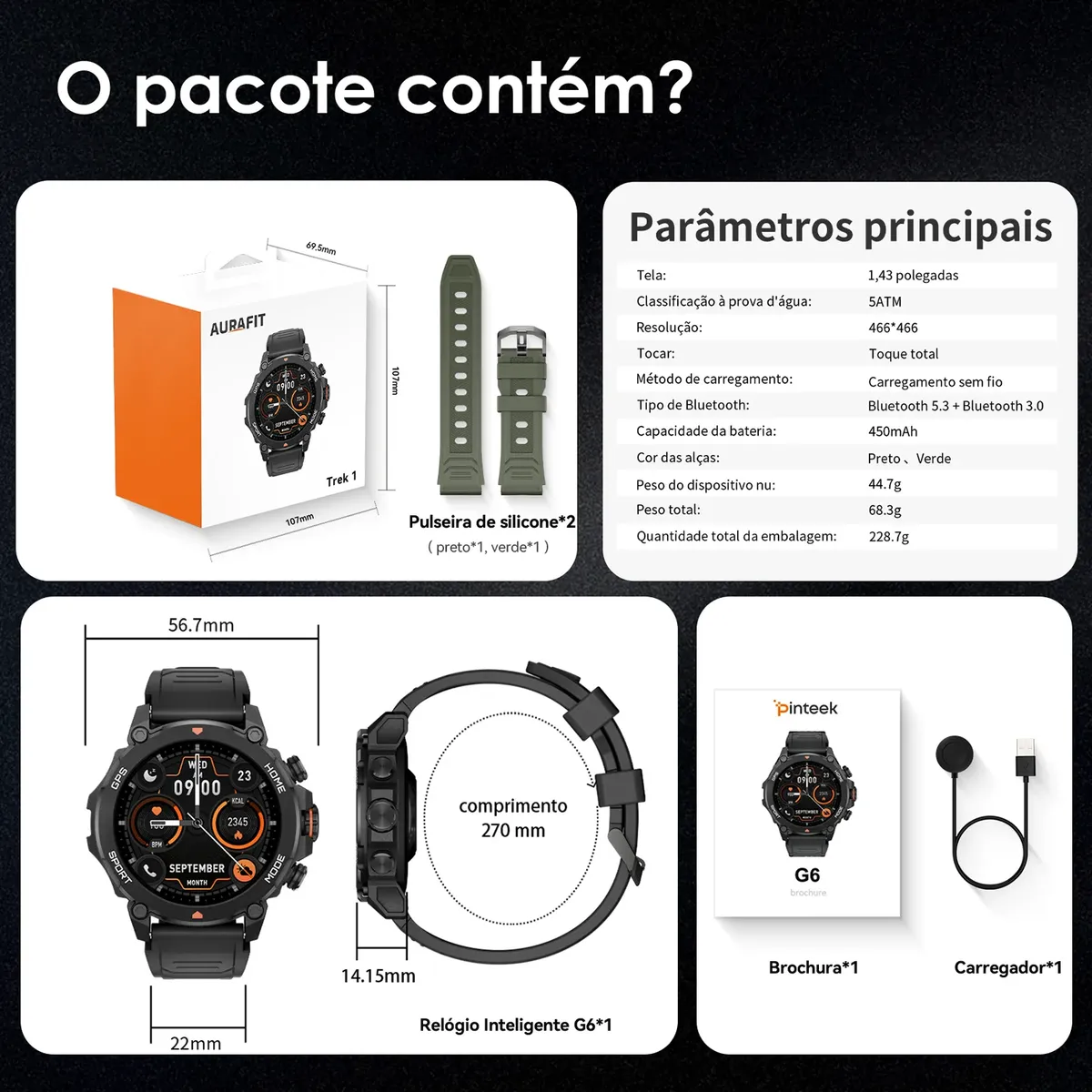 RELÓGIO SMARTWATCH AURAFIT TREK1 G6 COM GPS À PROVA D'ÁGUA 5ATM - 1