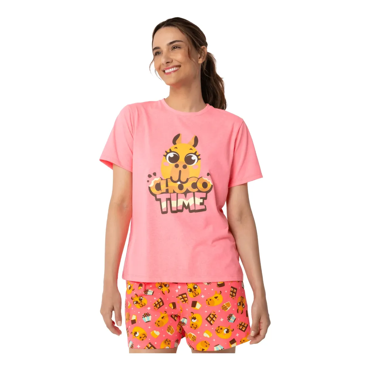 PIJAMA MANGA CURTA FEMININO ALGODÃO CAPIVARA CHOCOLATE PUKET TAMANHO P - 1