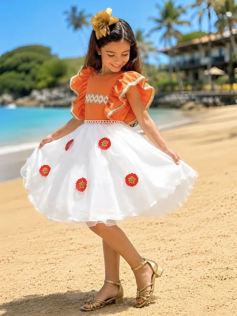 VESTIDO INFANTIL DA MOANA LARANJA C/ APLIQUES DE FLORES FESTA TAMANHO 4 - 1