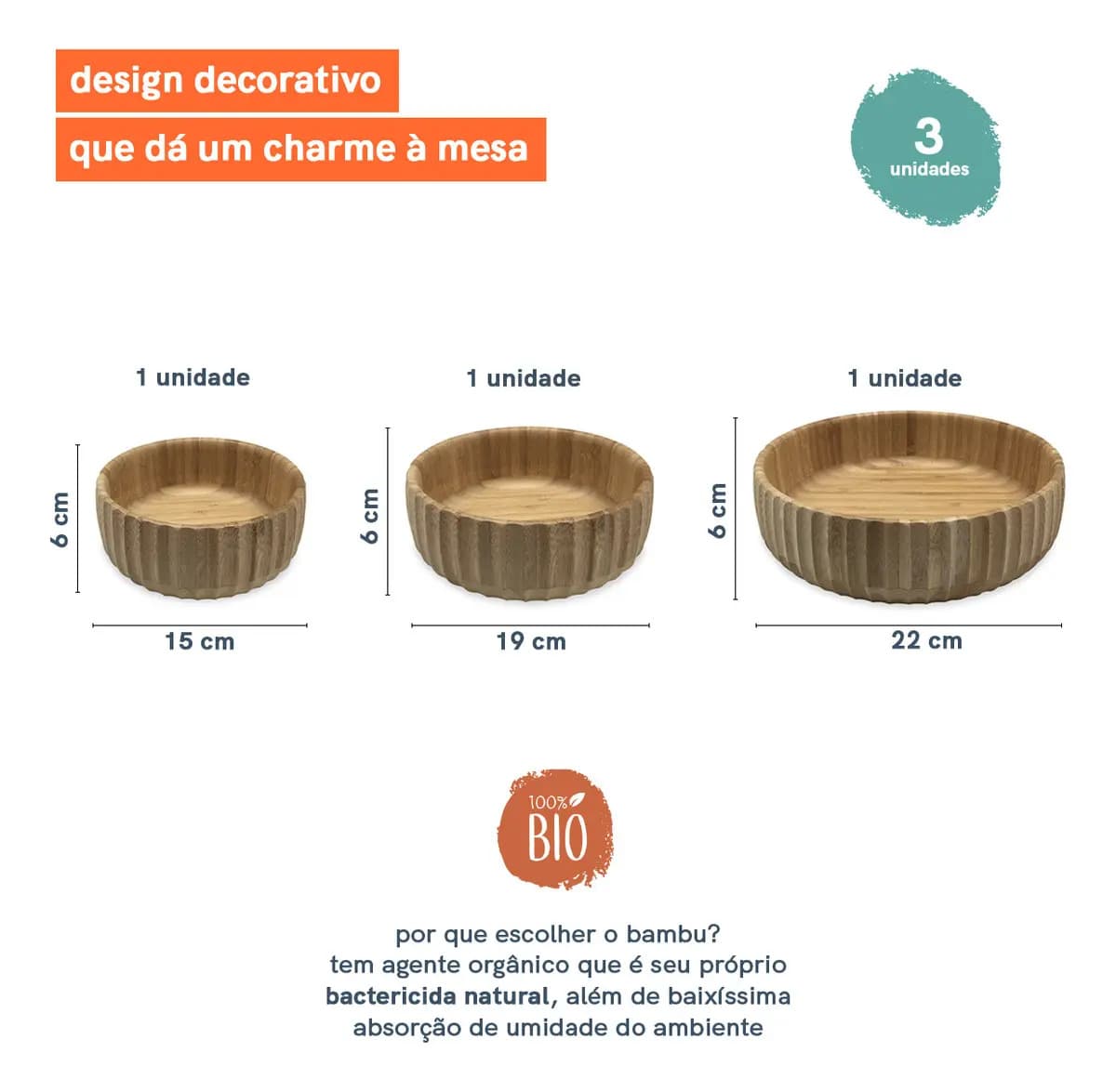 Kit 3 Bowls Canelados De Bambu - Oikos Marrom-claro - 8